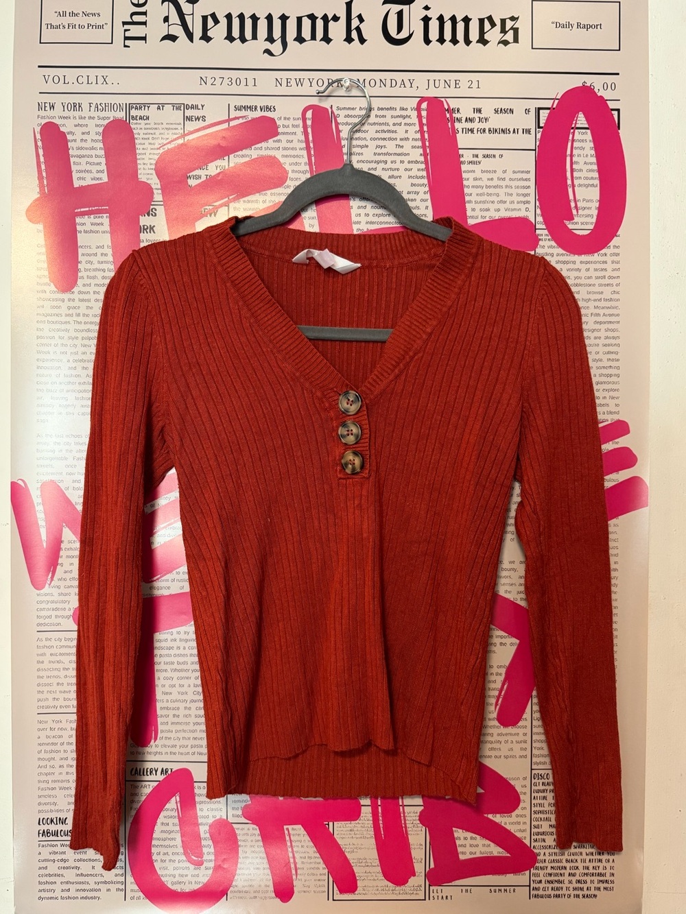 No Boundaries Ribbed V-Neck Long Sleeve Top with Button